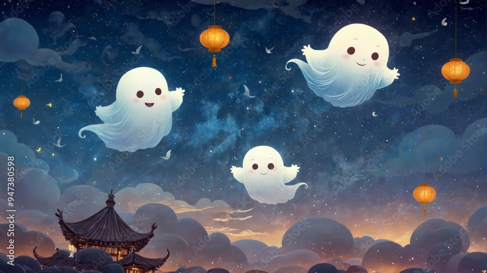 Digital illustration three white ghosts floating night sky Chine Digital illustration three white ghosts floating night sky Chine
