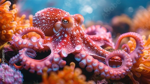 Underwater Ballet: Ethereal Octopus Dancing Amid Vibrant Coral in Nature's Blue Aquarium