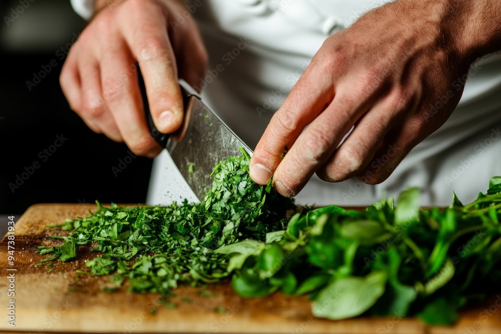 a chef?s hands expertly chopping fresh herbs on a wooden cutting board, vibrant colors and rich textures capturing the artistry and passion behind gourmet cooking a chef?s hands expertly chopping fresh herbs on a wooden cutting board, vibrant colors and rich textures capturing the artistry and passion behind gourmet cooking