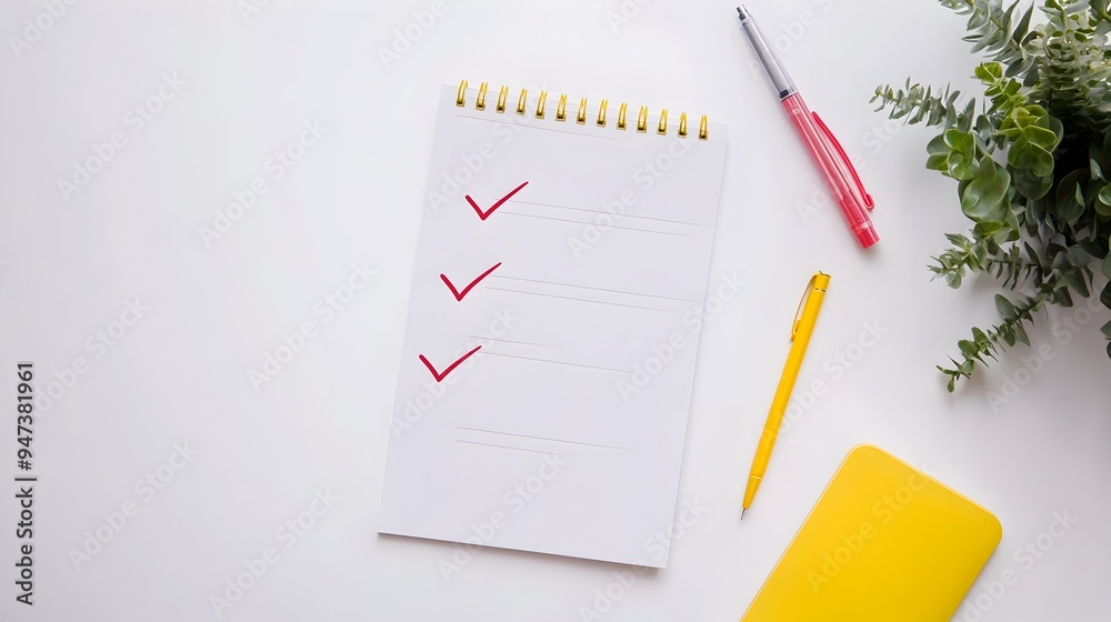 Blank Notepad and Office Supplies on Minimalist Desktop Blank Notepad and Office Supplies on Minimalist Desktop