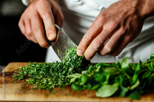Wallpaper Mural a chef?s hands expertly chopping fresh herbs on a wooden cutting board, vibrant colors and rich textures capturing the artistry and passion behind gourmet cooking Torontodigital.ca