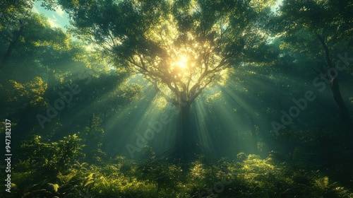 Sunlight filters through a lush forest, highlighting nature's beauty.