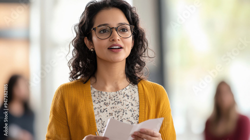 young indian college girl holding paper and pen photo