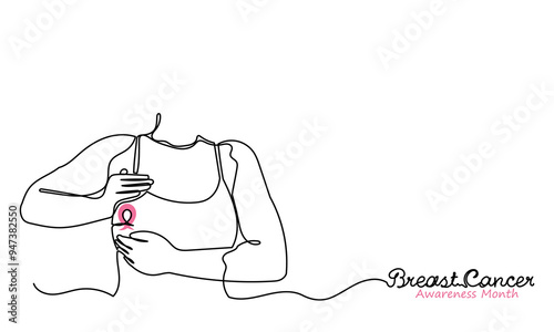 Young Woman Doing Breast Self-Examination. Continuous line drawing of a woman touching her breast in a cancer detection examination.Breast Cancer Awareness Month Concept isolated on background.vector,