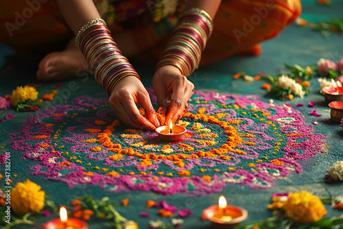 Rangoli painting during diwali festival.