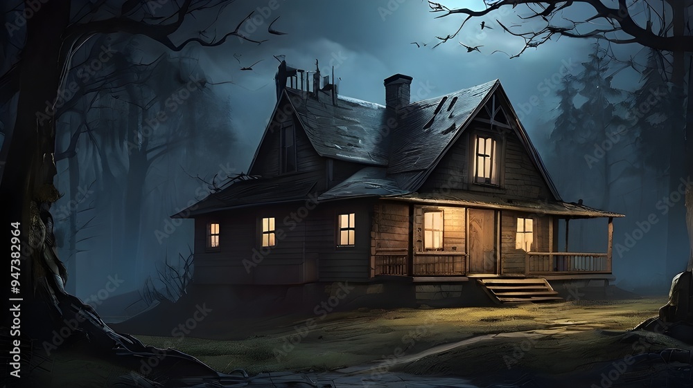 A scary house illustration featuring a spooky cabin in the woods