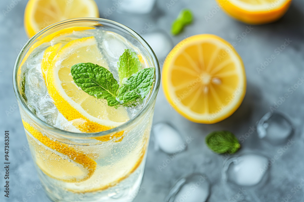 Glass of water with lemon slices and fresh mint leaves Glass of water with lemon slices and fresh mint leaves