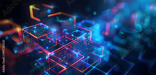 Abstract background with neon glowing digital blocks forming an illuminated maze, symbolizing the complexity of data and technology in business or science.