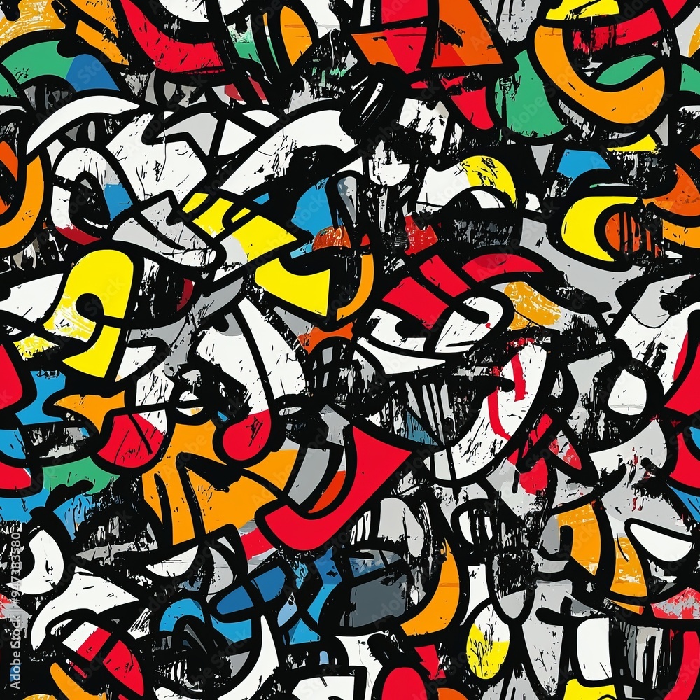 Seamless pattern of graffiti motifs and urban textures