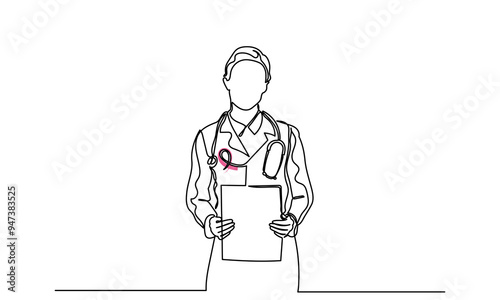Breast cancer women doctor with pink ribbons with a file on a white background.continuous line breast cancer day doctors wearing coats with pink ribbons.Breast cancer awareness concept.