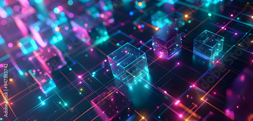 Abstract background with neon glowing digital blocks forming an illuminated maze, symbolizing the complexity of data and technology in business or science.