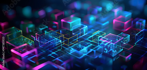 Abstract background with neon glowing digital blocks forming an illuminated maze, symbolizing the complexity of data and technology in business or science.