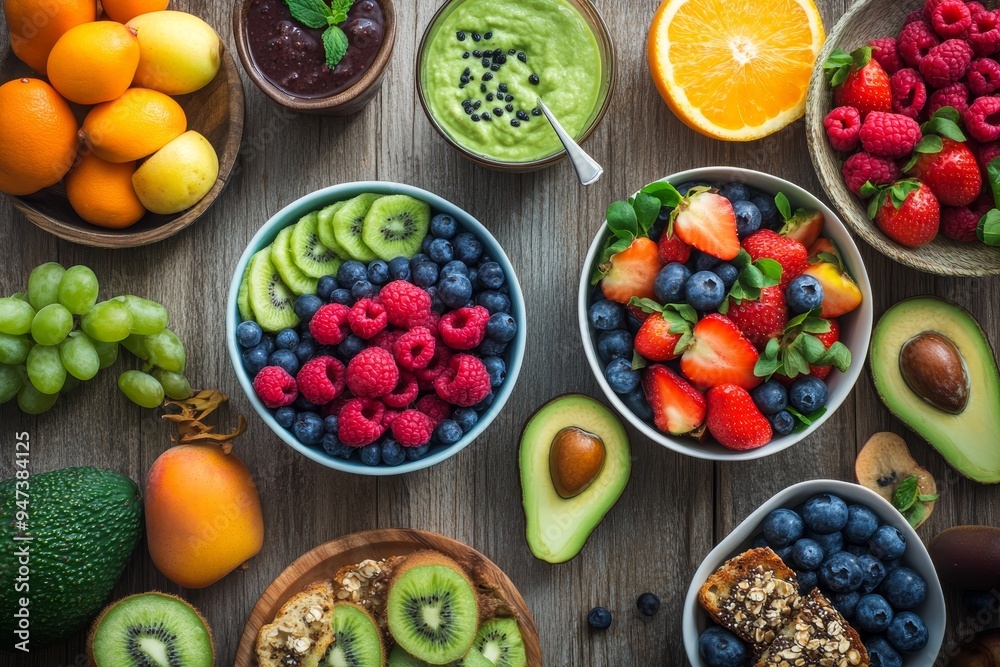 Colorful breakfast spread featuring fresh fruits, avocado toast, and a smoothie bowl, presented on a wooden table with soft morning light, embodying a healthy and vibrant Colorful breakfast spread featuring fresh fruits, avocado toast, and a smoothie bowl, presented on a wooden table with soft morning light, embodying a healthy and vibrant