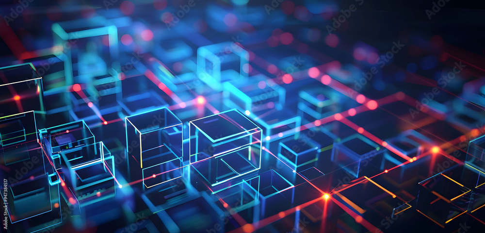 Fototapeta premium Abstract background with neon glowing digital blocks forming an illuminated maze, symbolizing the complexity of data and technology in business or science.