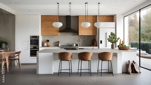 Modern kitchen with concrete flooring  white cabinetry  and built-in appliances