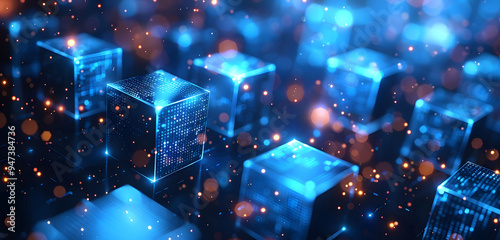 Abstract background with neon glowing digital blocks forming an illuminated maze, symbolizing the complexity of data and technology in business or science.