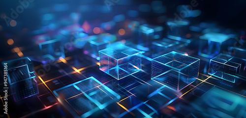 Abstract background with neon glowing digital blocks forming an illuminated maze, symbolizing the complexity of data and technology in business or science.