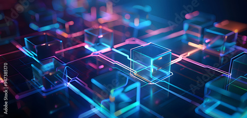 Abstract background with neon glowing digital blocks forming an illuminated maze, symbolizing the complexity of data and technology in business or science.