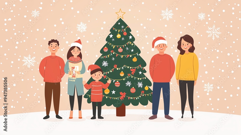 A cheerful family celebrating Christmas together by a decorated tree with festive outfits and a joyful atmosphere. A cheerful family celebrating Christmas together by a decorated tree with festive outfits and a joyful atmosphere.
