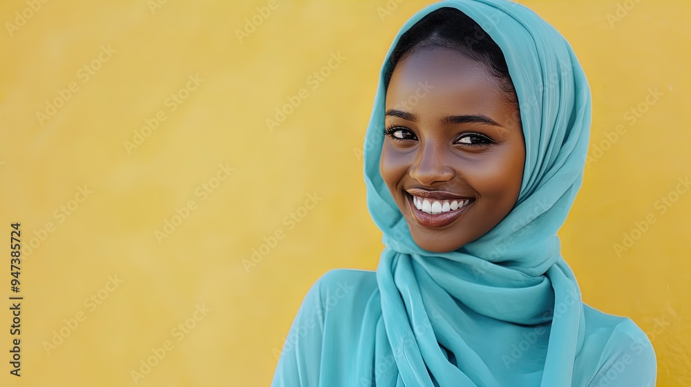 Joyful Young Woman in Light Blue Headscarf and Blouse - Perfect Poster for Uplifting Sports Interiors, Bringing Warmth and Positivity to Any Space! Joyful Young Woman in Light Blue Headscarf and Blouse - Perfect Poster for Uplifting Sports Interiors, Bringing Warmth and Positivity to Any Space!