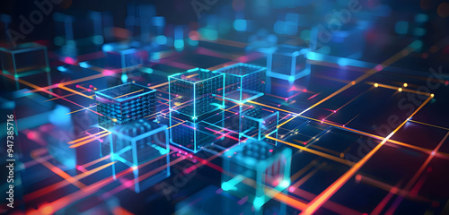Abstract background with neon glowing digital blocks forming an illuminated maze, symbolizing the complexity of data and technology in business or science.