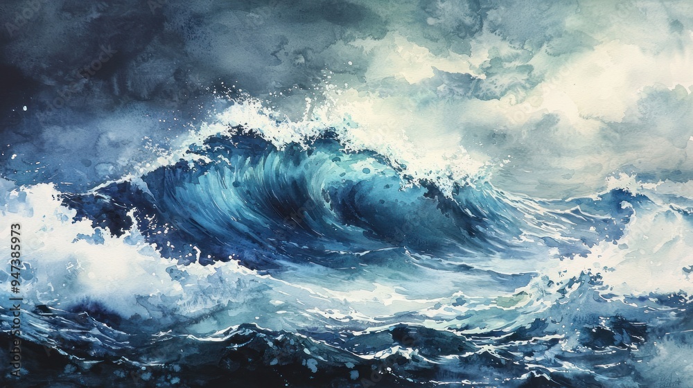 Watercolor Painting of a Large Wave Crashing in a Stormy Sea Watercolor Painting of a Large Wave Crashing in a Stormy Sea