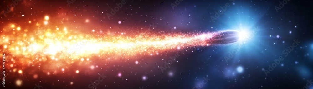Obraz premium Dynamic comet traveling through space, leaving a trail of vibrant light and sparkles against a dark cosmic background.