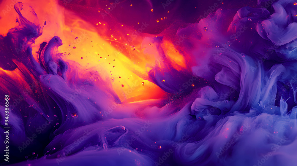 Design a high-contrast image of colorful ink splashing into water, with bold, swirling patterns and a mix of gradients that create an abstract