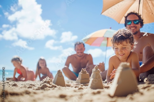 A warm, sunny day at the beach with the whole family, kids building sandcastles, and parents relaxing under an umbrella, capturing the carefree nature of a perfect family