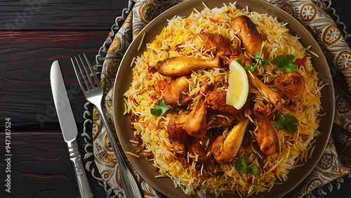 Delicious spicy chicken biryani in traditional bowl on  background  photo