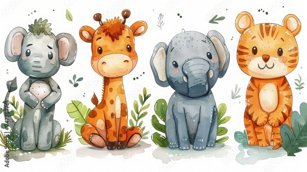 Naklejka premium Adorable Hand-Drawn Set of Friendly Wild Animals - Tiger, Hippo, Zebra, Elephant, Crocodile - in Doodle Pattern Vector Illustration