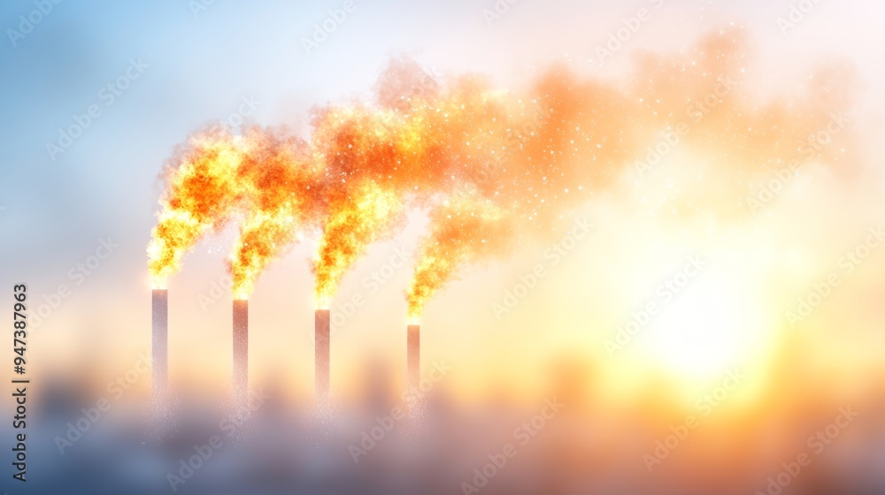 Obraz premium Industrial smokestacks emitting flames and smoke into the air, creating a striking visual of energy production and pollution.