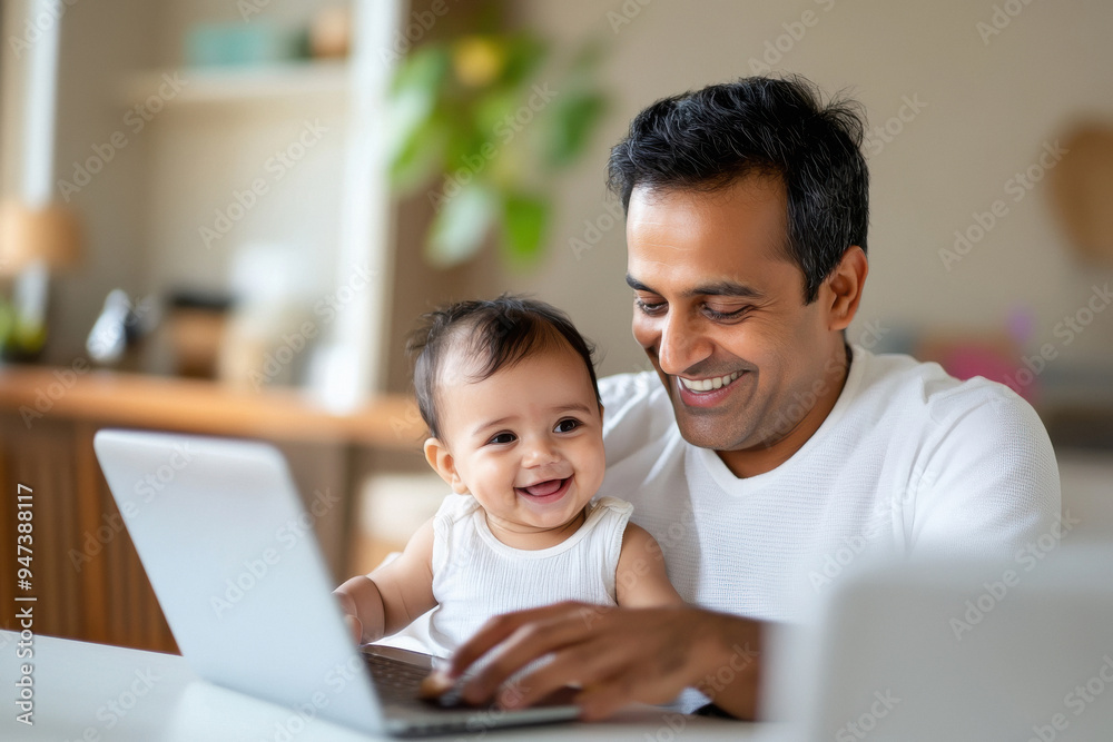 happy indian father and little child using laptop at home happy indian father and little child using laptop at home