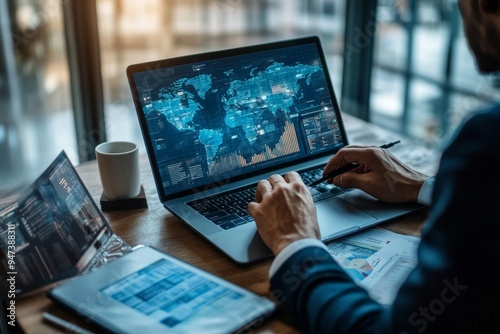 Entrepreneur on a video conference call with investors, laptop and business plans visible, symbolizing the global connections and opportunities in modern entrepreneurship