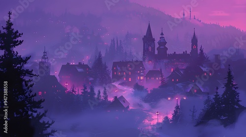 Mystical Purple Foggy Village.