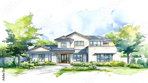 Beautiful watercolor painting of a modern house surrounded by lush greenery and blue sky, showcasing contemporary architecture.