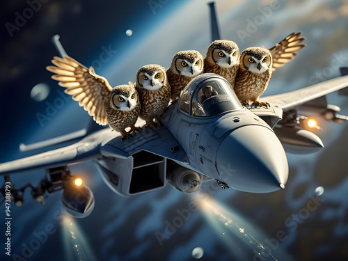 5 great horned owls Riding on a Fighter Jet