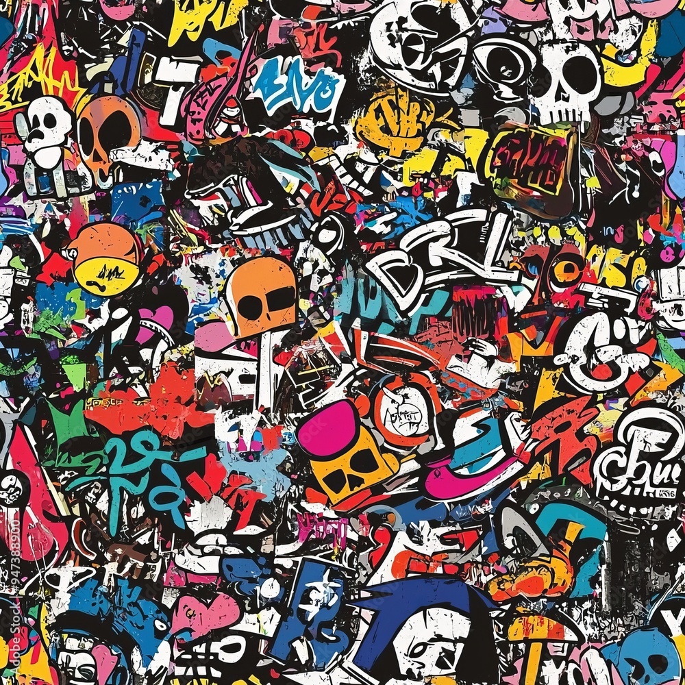 Obraz premium Seamless pattern of graffiti stickers and posters on walls
