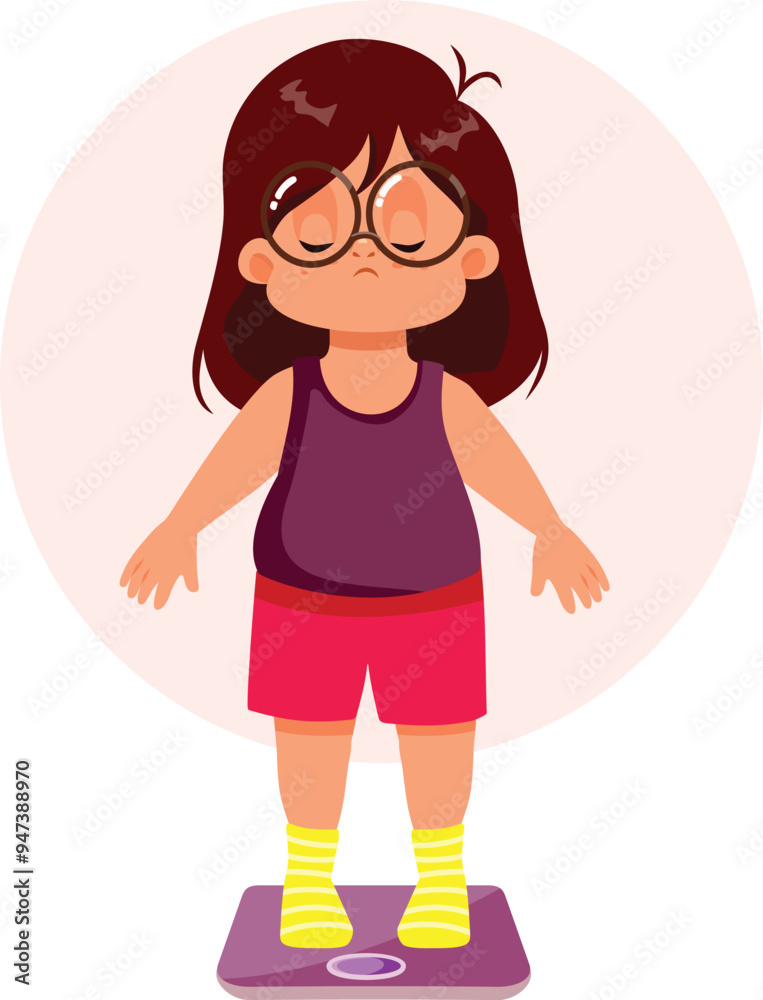 Sad Overweight Girl Weighing Herself Vector Illustration. Upset kid suffering from child obesity disorder being unwell
Sad Overweight Girl Weighing Herself Vector Illustration. Upset kid suffering from child obesity disorder being unwell