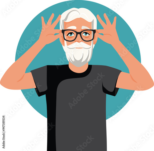 Elderly Man Holding His New Pair of Glasses Vector Cartoon. Cool modern grandpa trying on eyeglasses at a showroom
