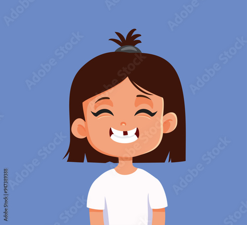 Funny Girl Smiling Missing One Tooth Vector Cartoon. Child losing her primary teeth having a gap when opening mouth 

