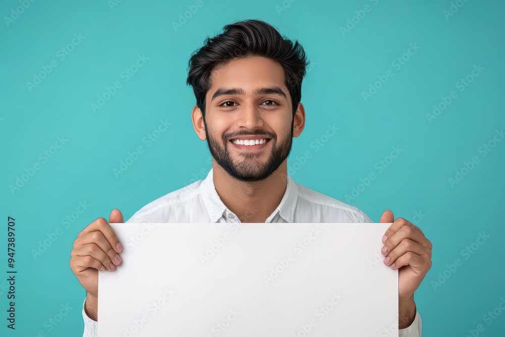 young indian man holding blank board on blue background young indian man holding blank board on blue background