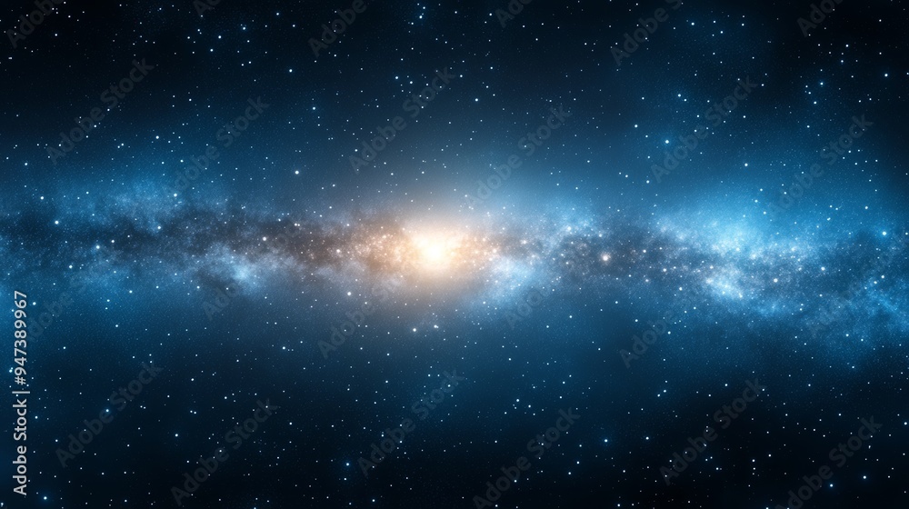 Naklejka premium Stunning view of a galaxy illuminated by a bright core, surrounded by deep blue space filled with countless stars.