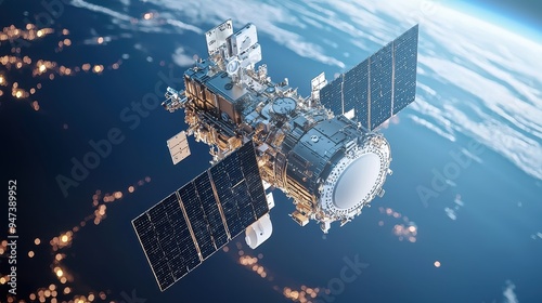 Satellite in Orbit Above Earth with Solar Panels photo
