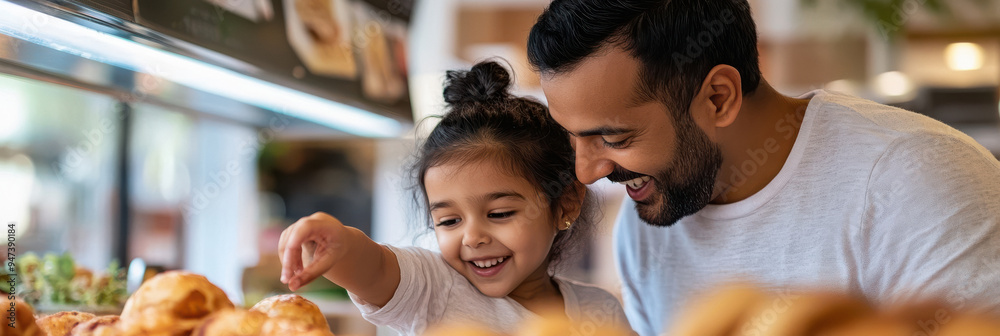 Obraz premium happy indian father and daughter standing at snack counter