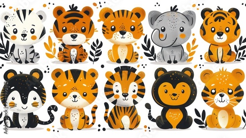 Adorable Hand-Drawn Set of Friendly Wild Animals - Tiger, Hippo, Zebra, Elephant, Crocodile - in Doodle Pattern Vector Illustration