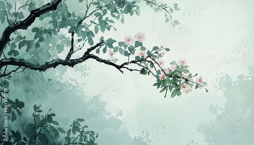 Delicate branch with soft pink flowers against a misty background, evoking tranquility and nature's beauty in serene artwork.