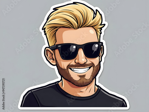 Wallpaper Mural Laughing Sunglasses wearing Flat Decal Bearded man guy black t-shirt character 2d sticker die-cut edges  Torontodigital.ca