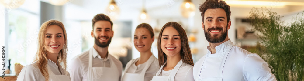 happy young hotel staff standing together happy young hotel staff standing together