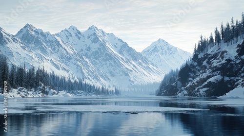 Frozen Lake Surrounded by Snow-Covered Mountains